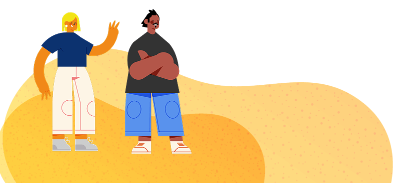 Ilustração de duas pessoas em pé sobre fundo amarelo com textura