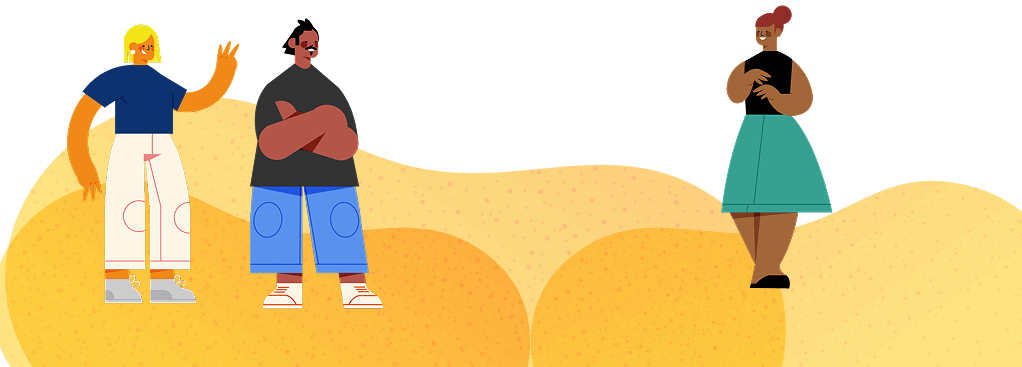 Ilustração de três pessoas em pé sobre fundo amarelo com textura, duas à esquerda e uma à direita